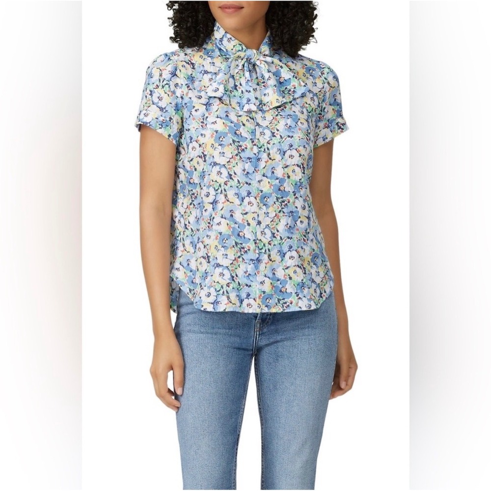 Polo Ralph Lauren Floral Linen Tie Neck Button Down Short Sleeve Blouse Blue 8